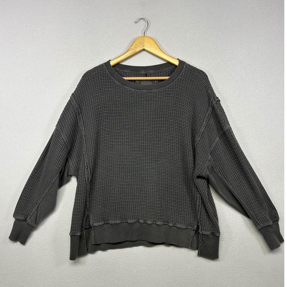 Grunge Gorpcore American Eagle Womens XS Gray Waffle Knit Exposed Seam Top